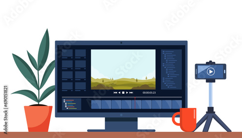 Video production concept. Making visual content for social media. Software to edit videos on screen with nature landscape scene, timeline and user interface. Film production concept. Vector. photo
