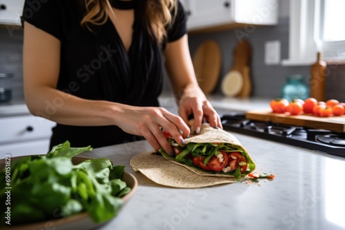 woman wraps a vegan taco in a kitchen