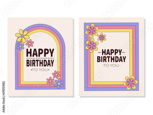 Birthday card set with flowers in groovy style.