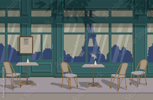 Parisian cafe with a terrace, the reflection of the Eiffel Tower in the windows. Vector.
