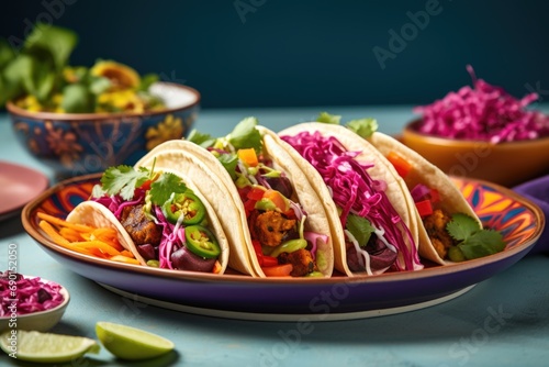 vegan tacos displayed on a colourful plate