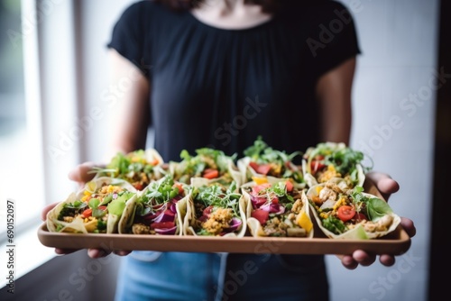 woman presenting multiple vegan tacos in a tray