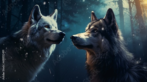 two wolves in the romantic moonlight photo