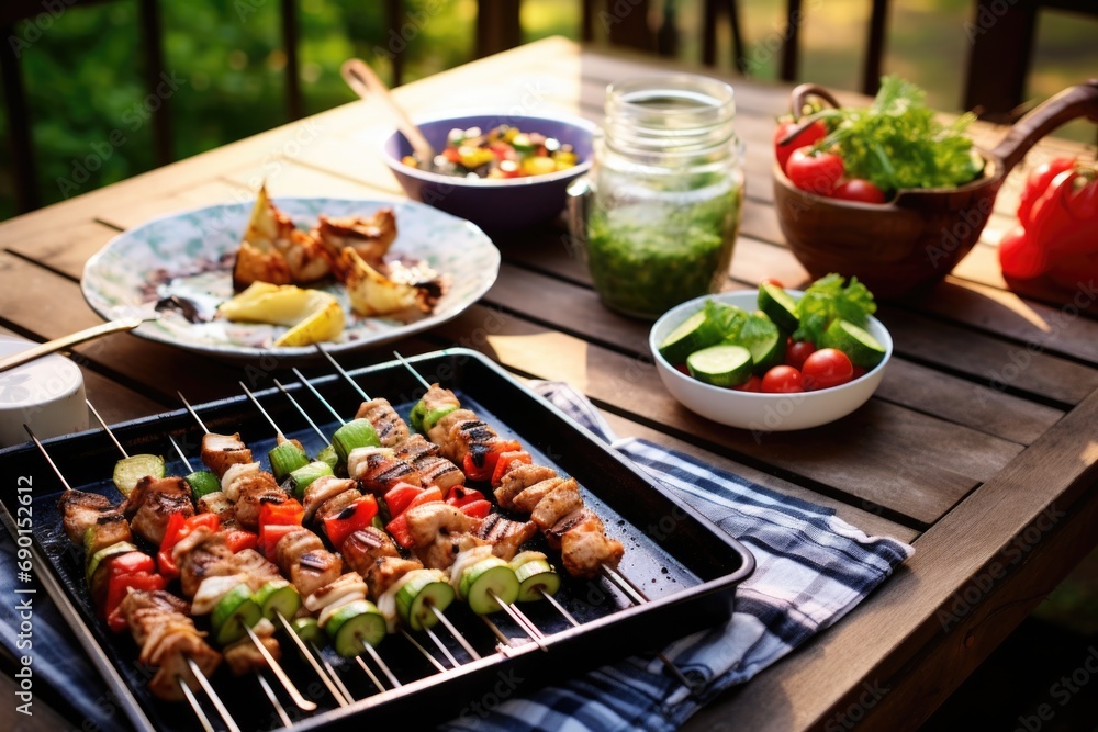 a picnic spread featuring freshly grilled skewers a picnic spread featuring freshly grilled skewers