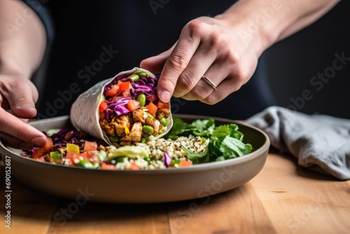 person scooping a portion of a veggie burrito bowl onto a plate