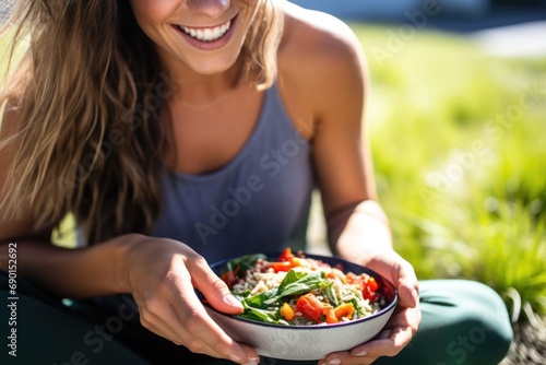 close perspective of a woman enjoying a burrito bowl outdoors