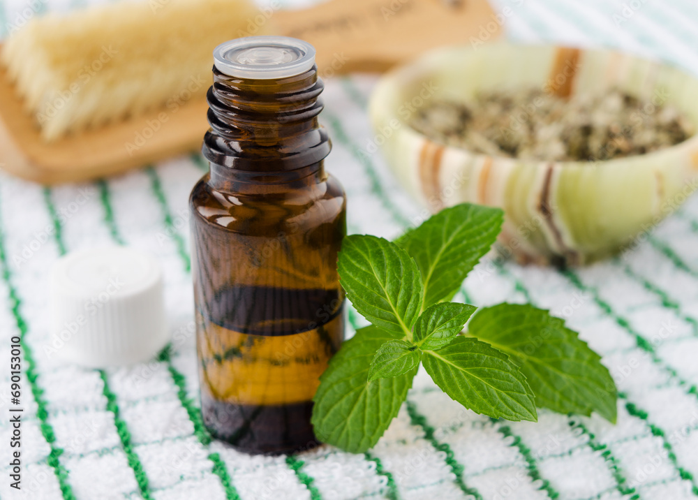 Small bottle with essential mint oil and fresh spearmint green leaves. Aromatherapy and herbal medicine concept. - obrazy, fototapety, plakaty 