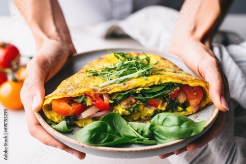 hands holding up a perfect veggie omelette