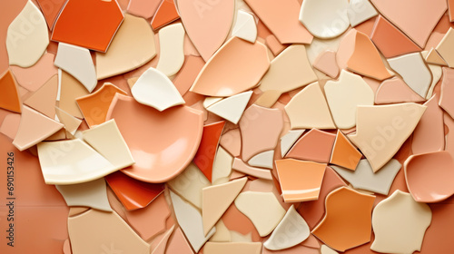 A close up of a pile of broken tiles, peach fuzz, color of the year 2024, monochromatic image