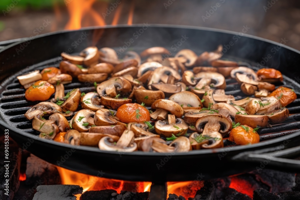 mushrooms sizzling on a hot grill pan mushrooms sizzling on a hot grill pan