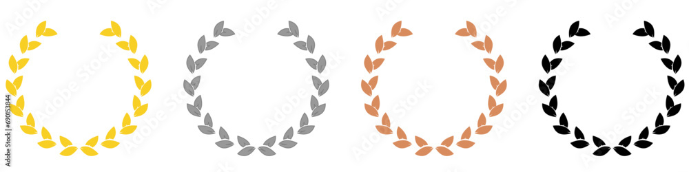 Set black silhouette circular laurel foliate, wheat and oak wreaths depicting an award, achievement, heraldry, nobility on white background. Emblem floral greek branch flat style. Vector Illustration.