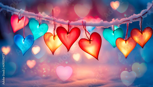 Multi-colored glass hearts, a garland of hearts on a navy background. Festive background for Valentine's Day, bokeh photo