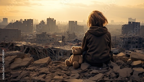Child with a teddy bear sitting on top of destroyed city. 