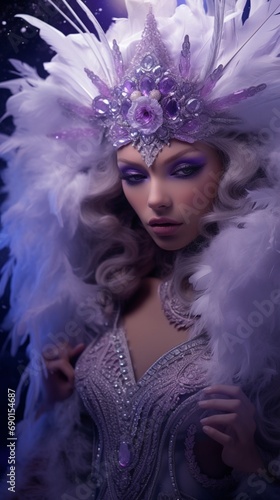 A frost princess with intense amethyst eyes, embraced by ethereal lavender feathers and glistening diamonds, set against a cosmic purple background.