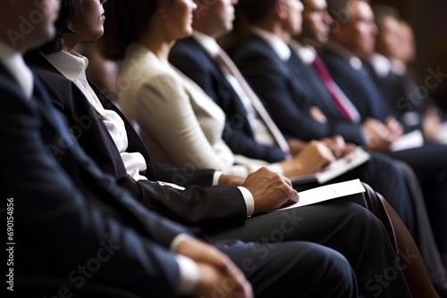 a row of businesspeople seated in an auditorium during a seminar