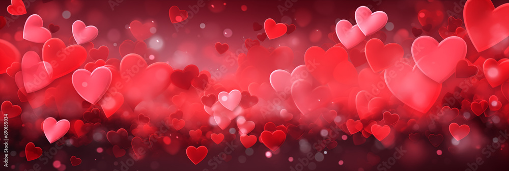 Beautiful background banner with red hearts, lights, sparkles and bokeh. Valentine's Day. Panoramic web header with copy space. Wide screen wallpaper,