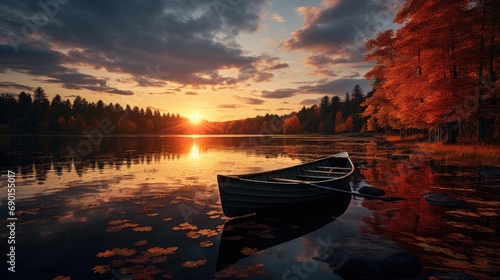 Boat in small lake on fall during sunset