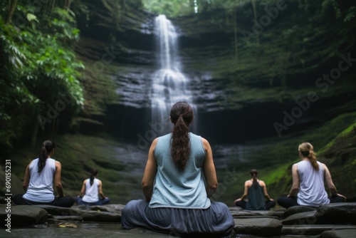 group practicing yoga near a waterfall