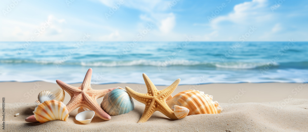 shells and starfish on the sand against the background of the sea shells and starfish on the sand against the background of the sea