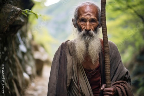 monk on a mountain path with a prayer wheel