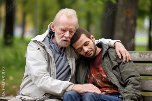 volunteer comforting a destitute man on a park bench © primopiano