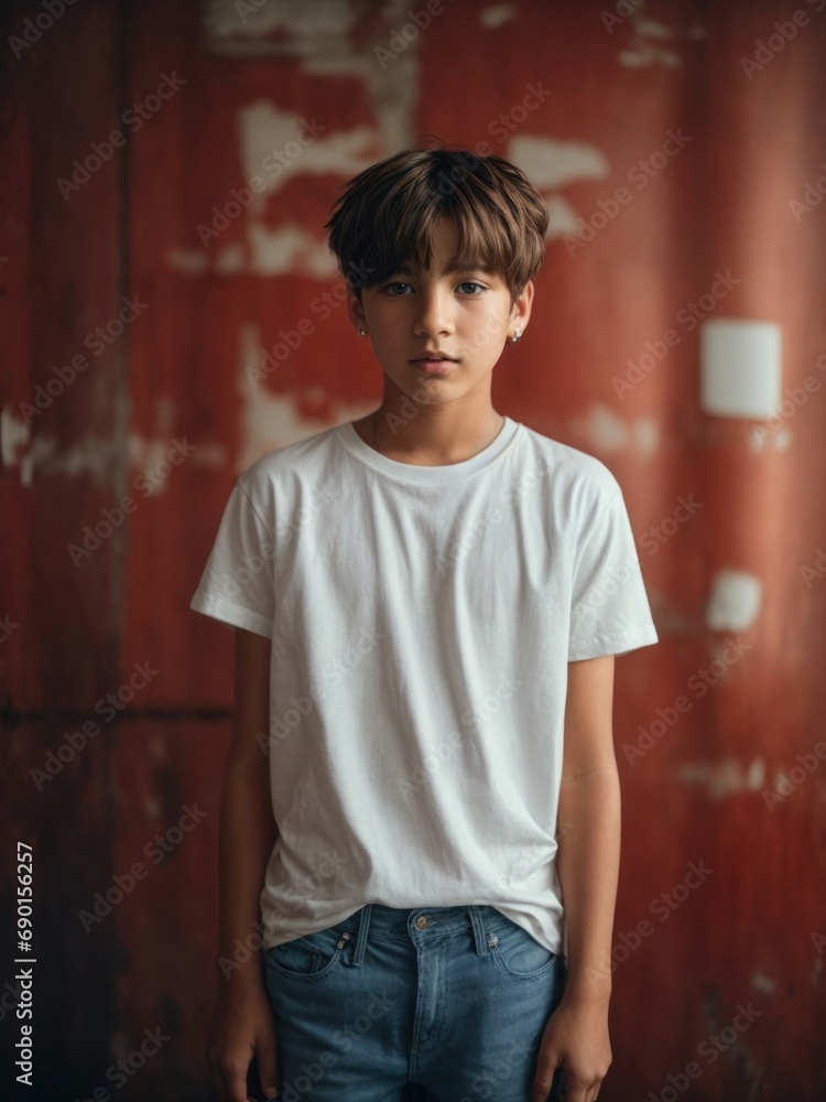 Stylish portrait of a boy wearing a T-shirt against the wall of a dilapidated house, perfect for graphic materials and mock-ups. Stylish portrait of a boy wearing a T-shirt against the wall of a dilapidated house, perfect for graphic materials and mock-ups.