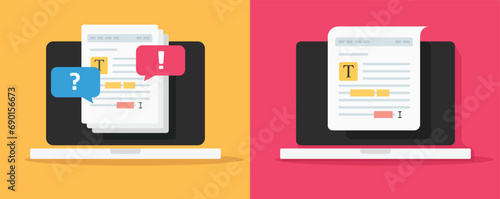 Document review correction editor software service online virtual icon vector graphic illustration on laptop pc computer, author write text file content use collaboration discussion comments on doc