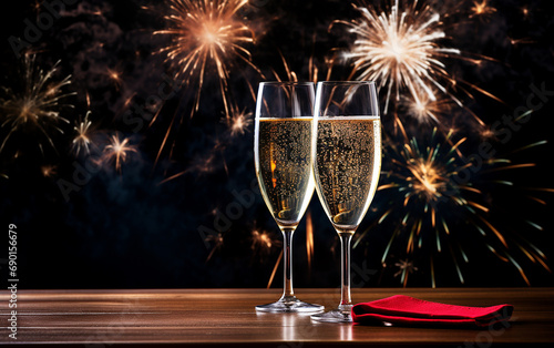 Dois copos de ano novo em cima da mesa, fundo com fogos de artifício de ano novo