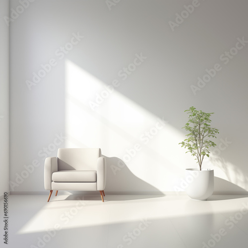 Minimalist Living Room with White Chair and Potted Plant photo