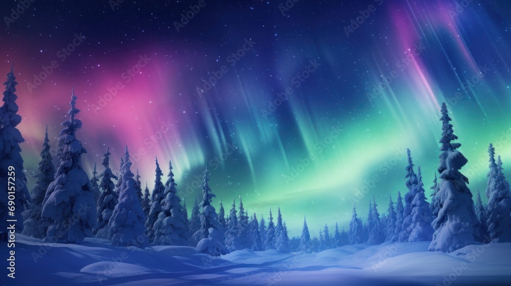 A magical winter night background with northern lights and snow-covered trees.