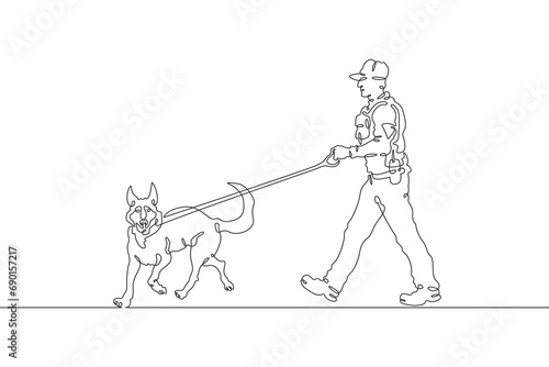 Policeman with a service dog. Guard with a dog. Military border guard at his post. Police officer. One continuous line drawing. Linear. Hand drawn, white background. One line.