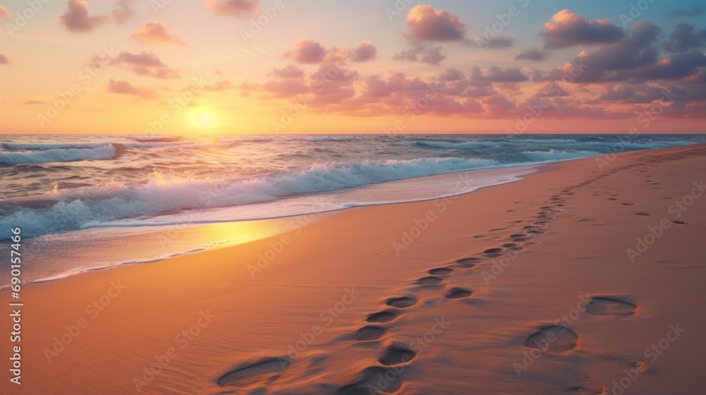 A sunset at the beach background with calm waves and footprints in the sand.