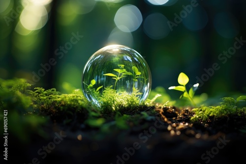 Glass ball with plants grown on the ground in forest environment concept photo