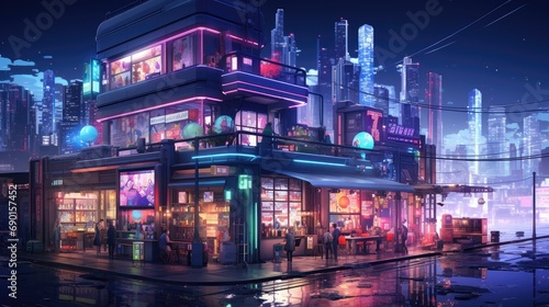 Modern futuristic city neighborhoods  between buildings and bars with neon lights