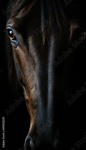 Vertical recreation of beautiful horse front staring. Artificial intelligence © bmicrostock