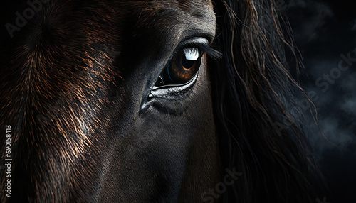 Recreation of eye black horse staring. Artificial intelligence photo