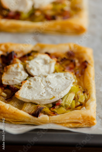 Puff Pastry Appetizer with Bacon, Cheese, and Leek 
