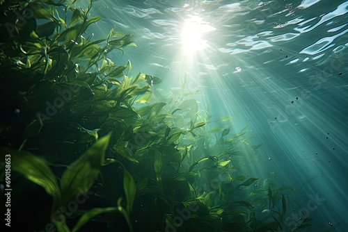 Seaweed underwater in the ocean with the sun showing through
