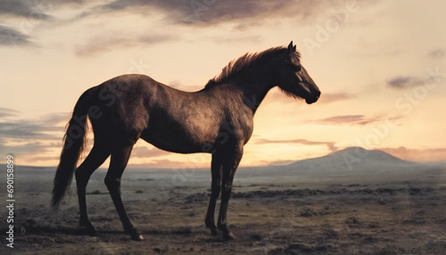 Recreation of a wild horse on the prairie at sunset