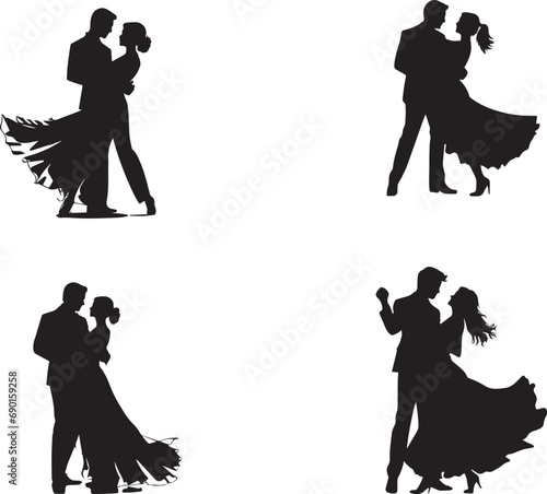 Set of romantic couple dancing on white background