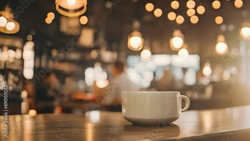 cup of coffee with blurred coffeeshop background