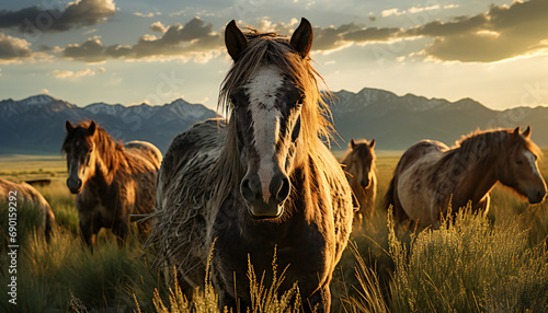 Recreation of wild horses in the nature photo