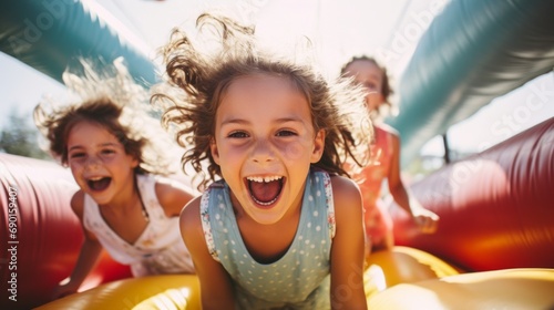 Excited Kids Playing in Colorful Inflatable Bounce House photo
