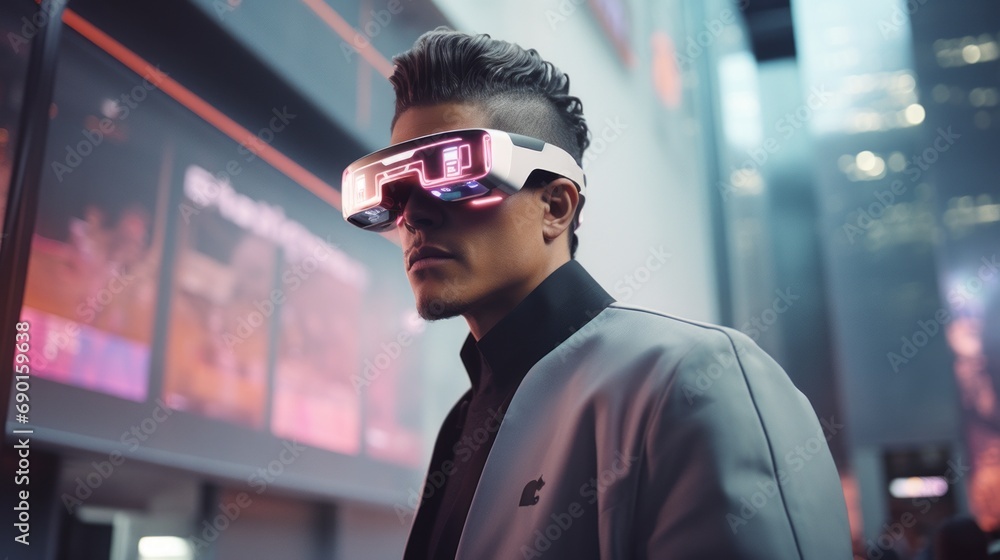 Business professional using augmented reality glasses for real-time insights Business professional using augmented reality glasses for real-time insights
