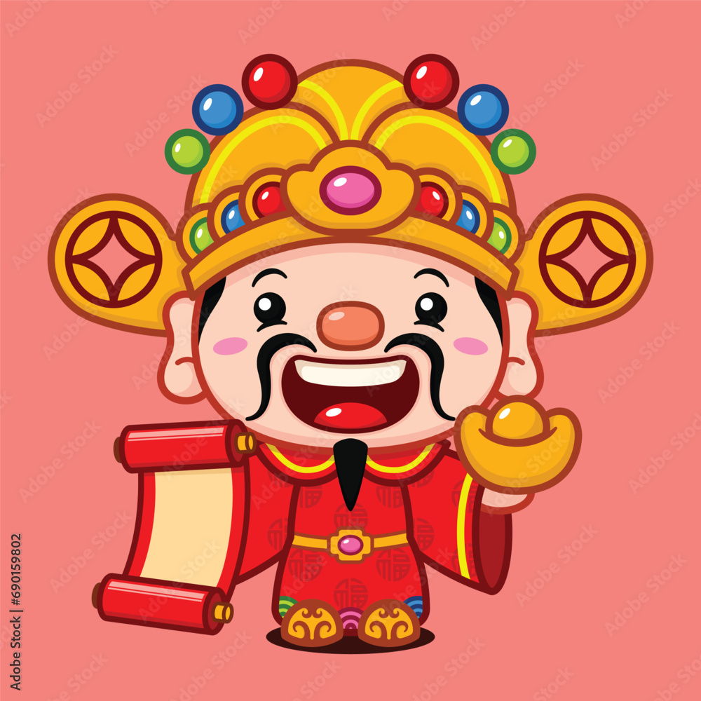 Cute Chinese New Year Fortune God Holding Gold Money And Scroll Banner Cute Chinese New Year Fortune God Holding Gold Money And Scroll Banner