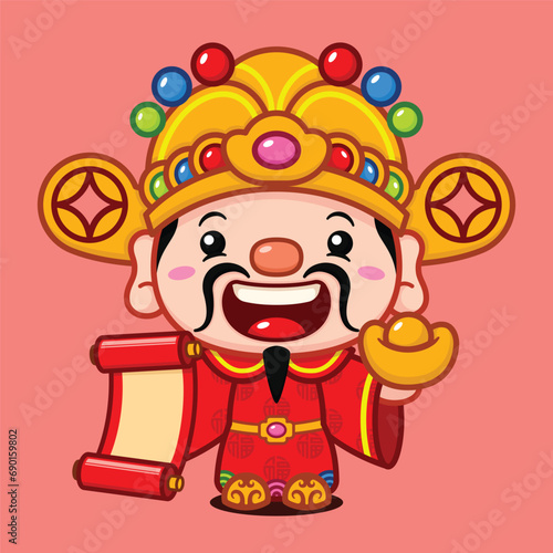 Cute Chinese New Year Fortune God Holding Gold Money And Scroll Banner