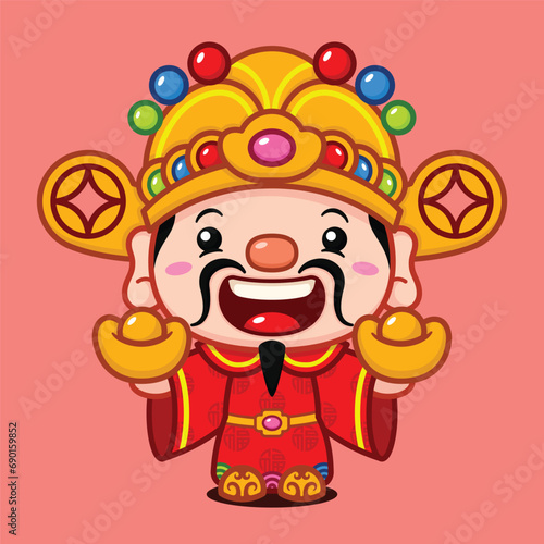 Cute Chinese New Year Fortune God Holding Two Gold Money