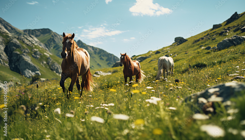 Recreation of wild horses in a field a sunny day - obrazy, fototapety, plakaty 