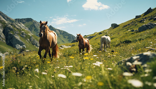 Recreation of wild horses in a field a sunny day photo