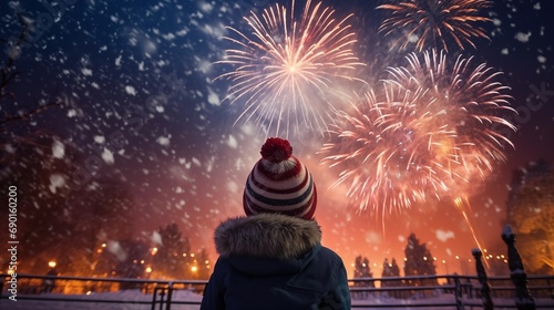 Rear view of child girl watch their New Year fireworks display amazement and delight in a snowy park in front of firework display, generative ai